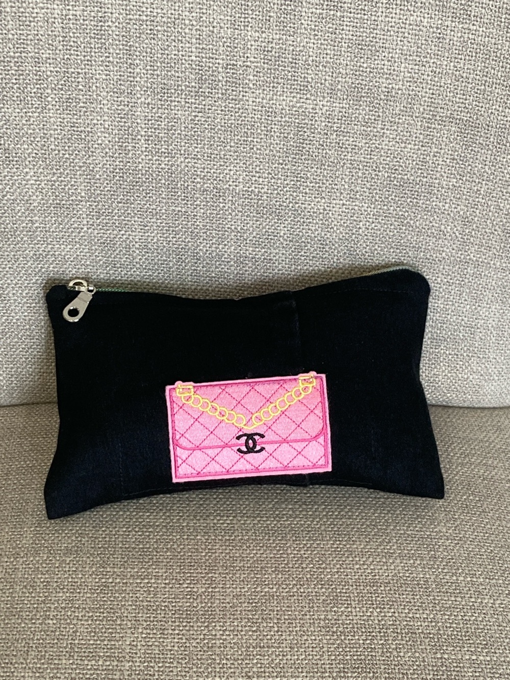 Black Cosmetic Pouch with Pink  Embroidered Patch